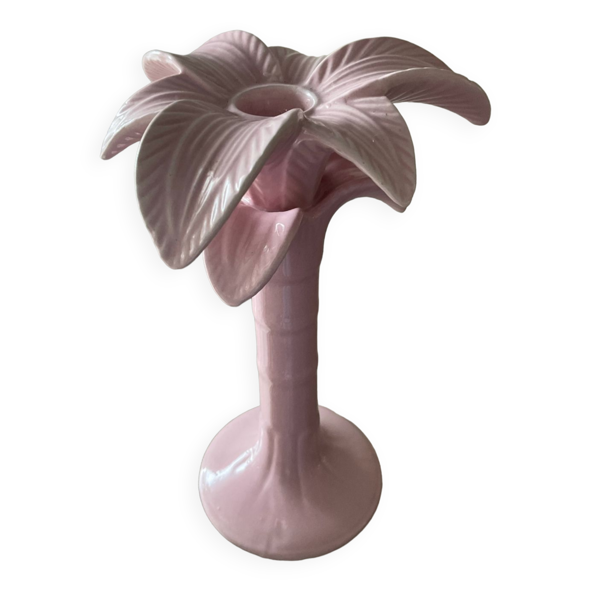 Vintage palm candle holder in pink glazed ceramic