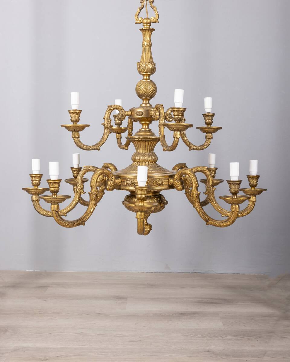 Classic 12 light golden bronze chandelier from the mid-20th century