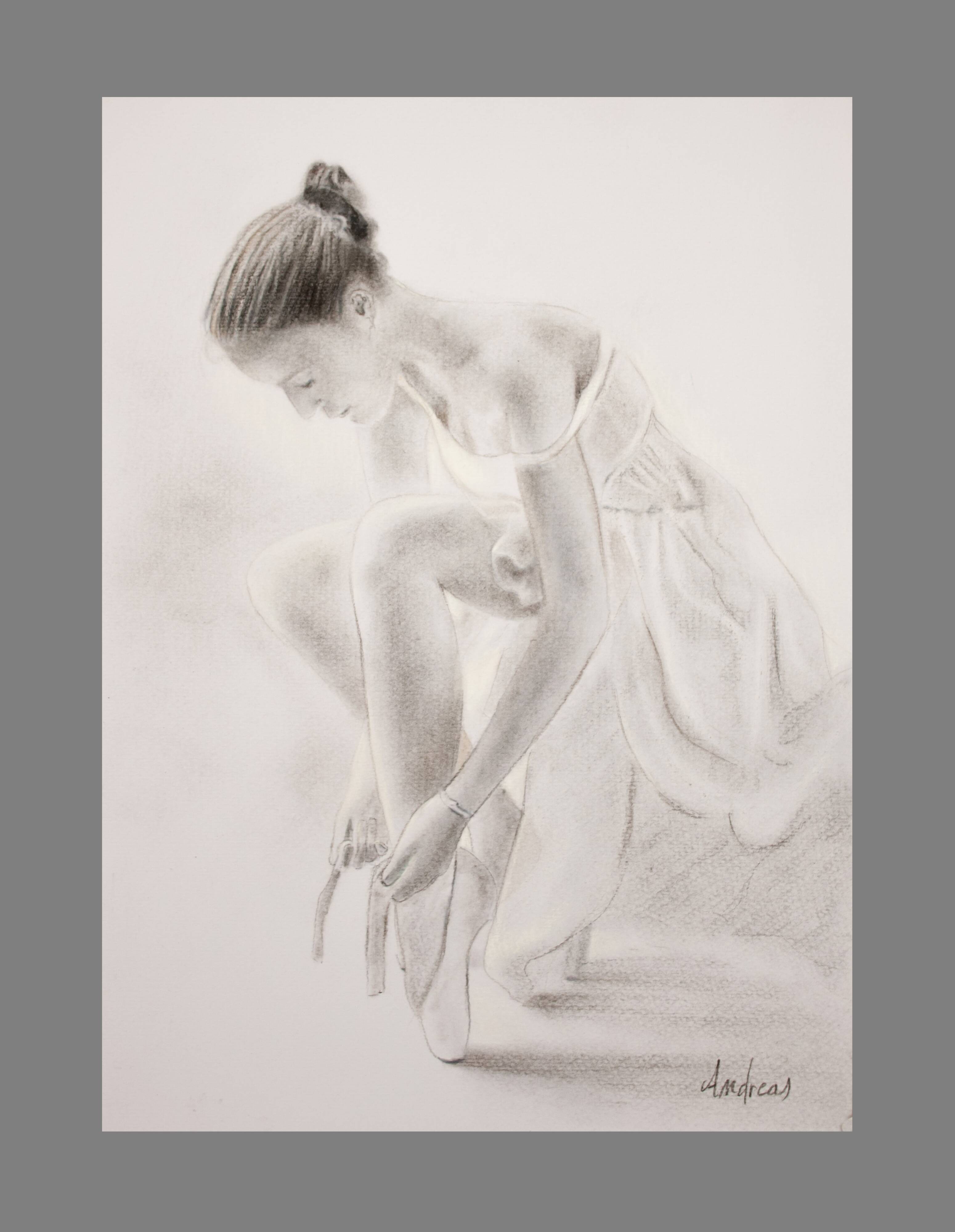 Charcoal drawing representing a seated dancer. Dancer painting.