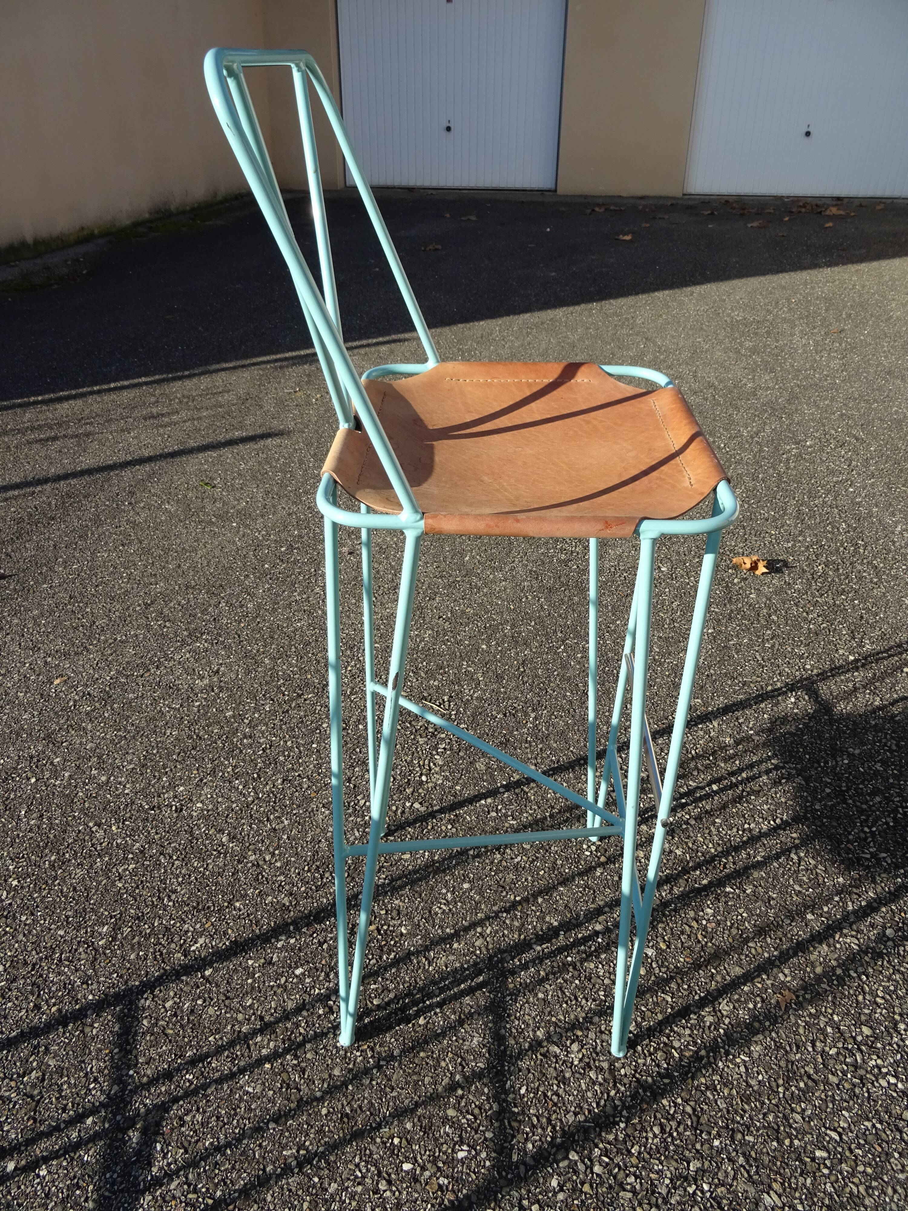Paire de tabourets hauts tabourets de bar cuir et métal turquoise