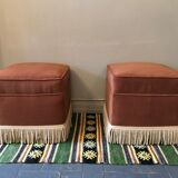 Duo of old pink poufs with fringes