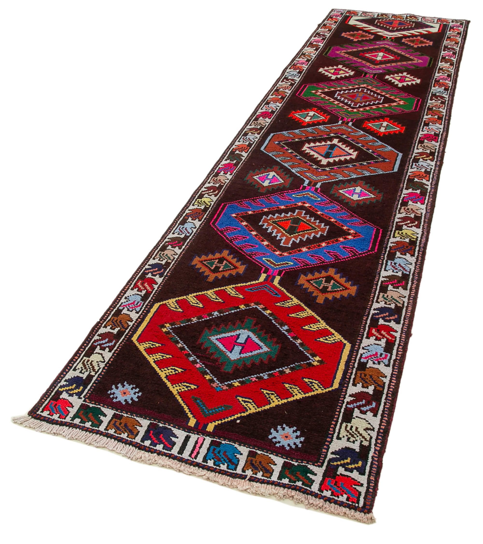 Hand-knotted wool turkish multicolor runner carpet 90 cm x 364 cm