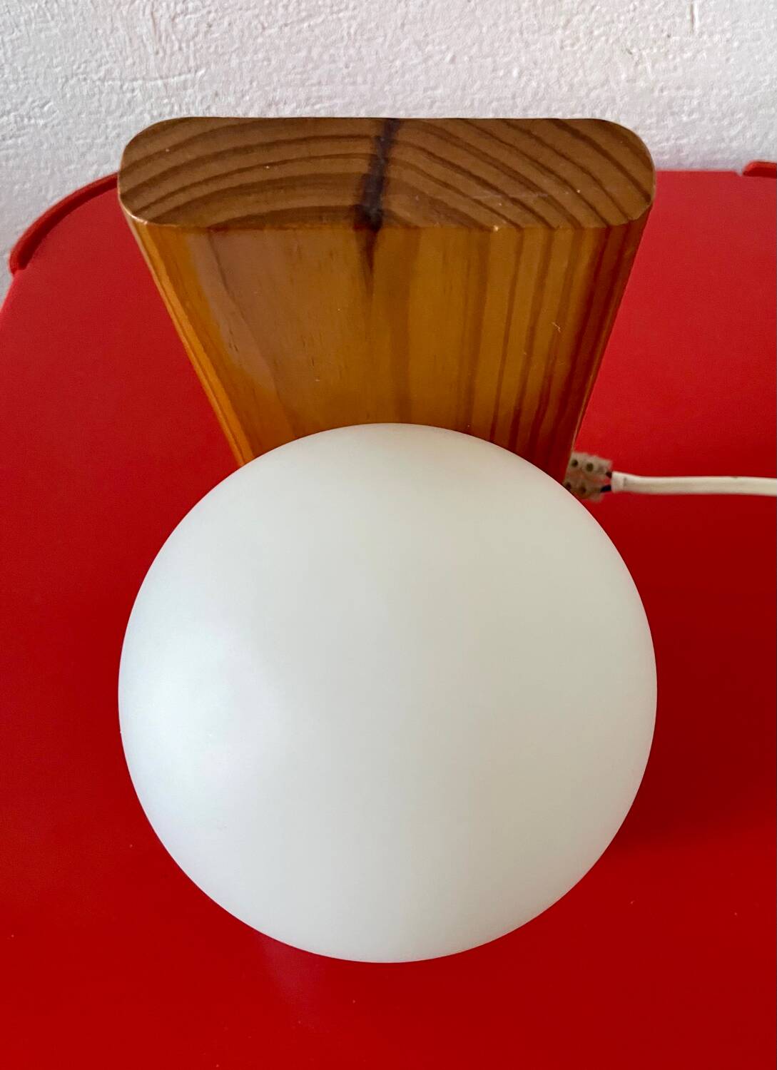 Vintage pine wall lamp with opaline globe