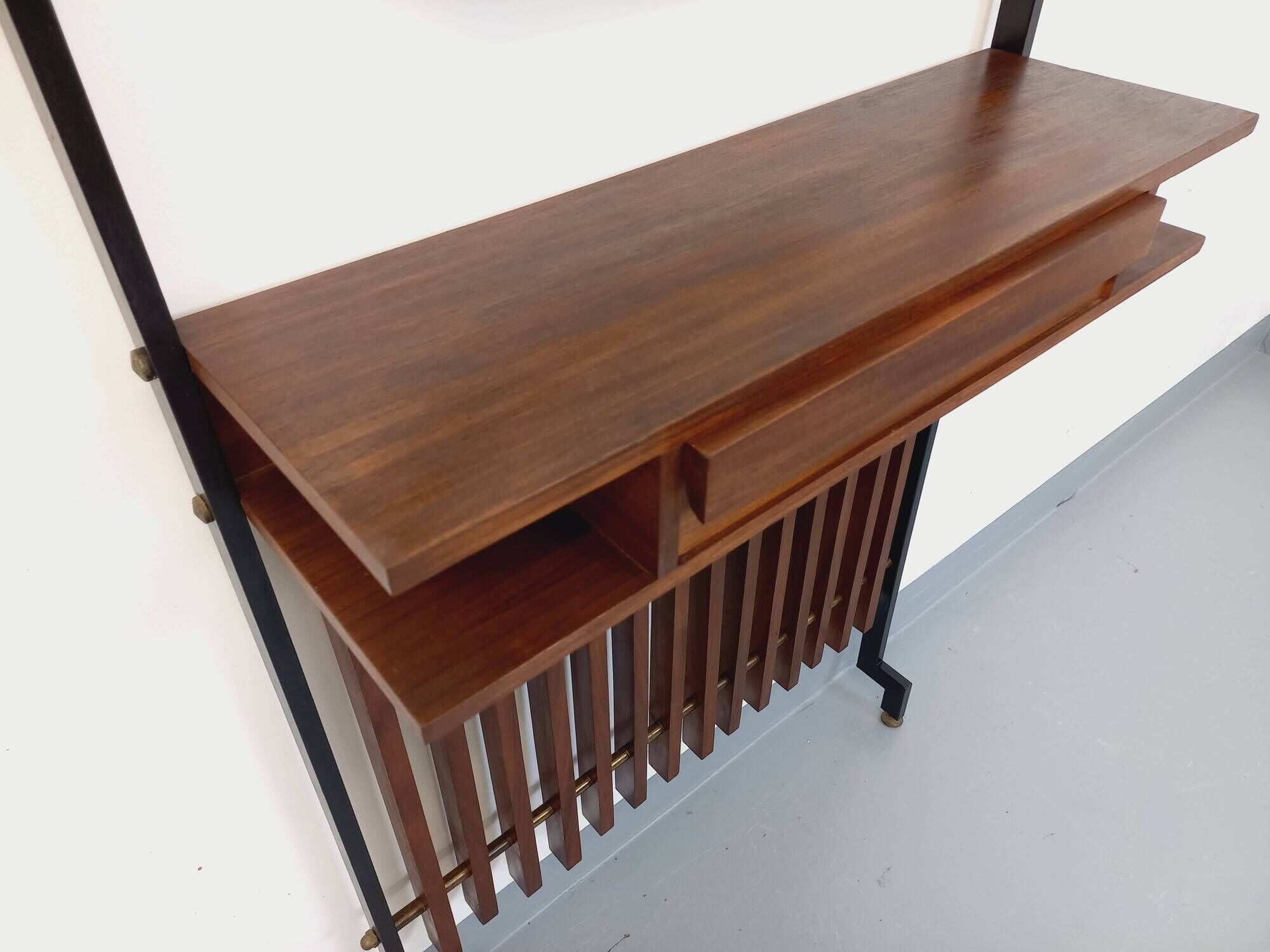 Vintage Italian hall cabinet with mirror and teak shelves