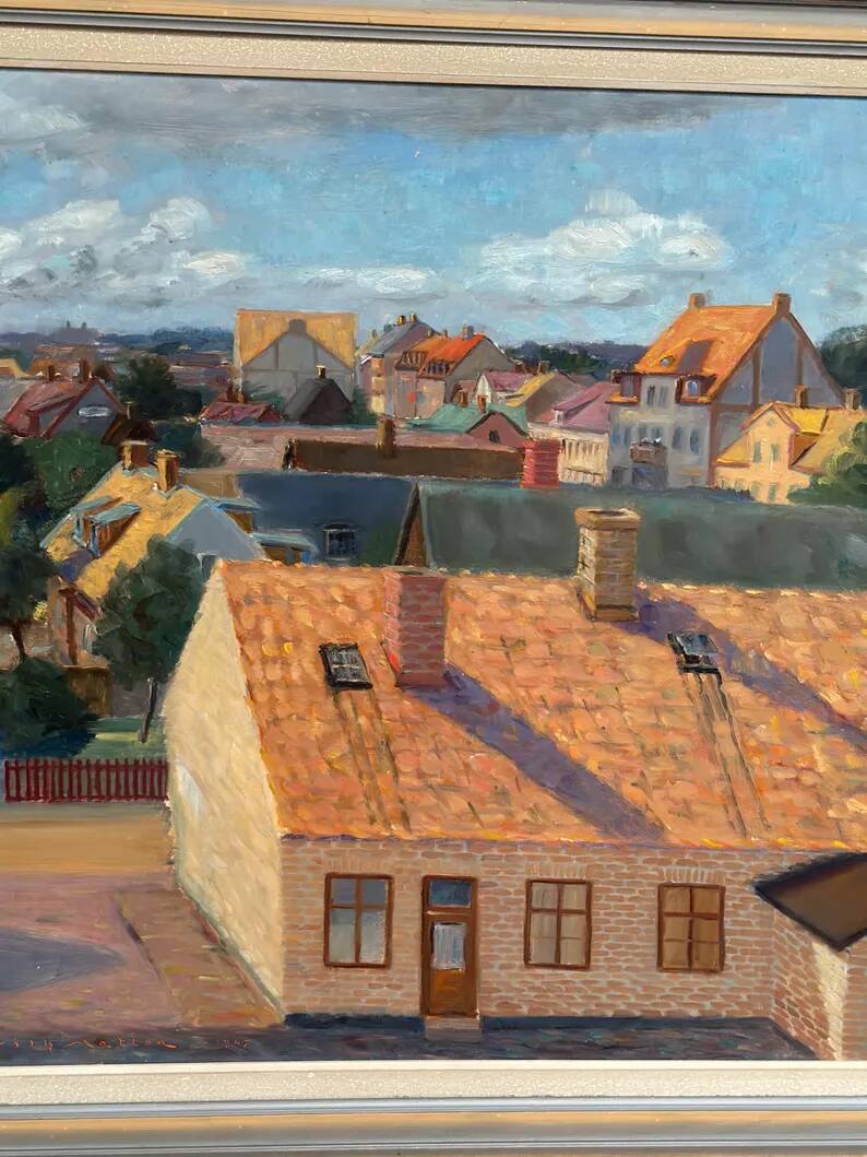 Large Original Swedish Oil on Panel – "Urban Landscape" by Wilhelm Matton – Signed – Dated 1947 – Framed – 83 × 73 cm (32.7 in × 28.7 in)