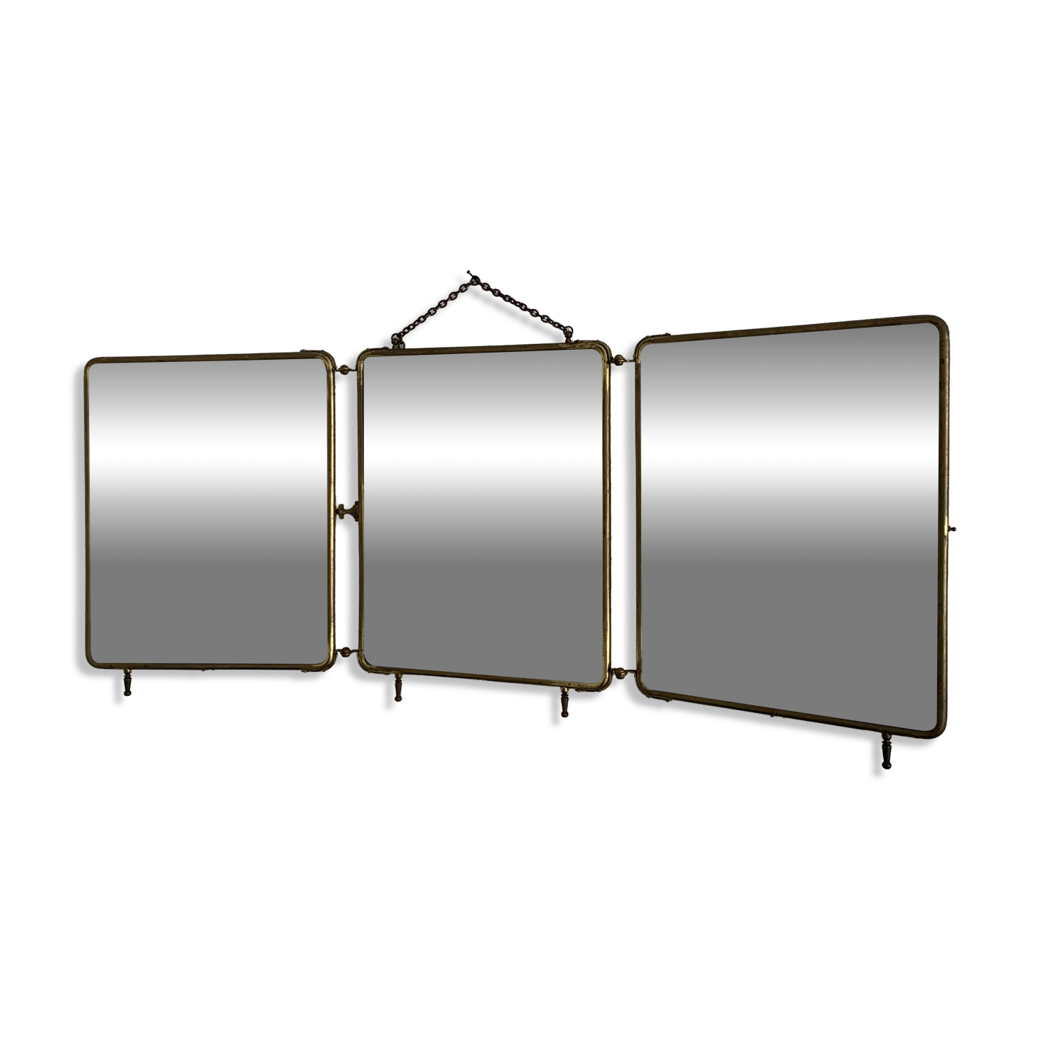 Vintage 1920s triptych barber mirror in gold and green faux crocodile leather - 37 x 87