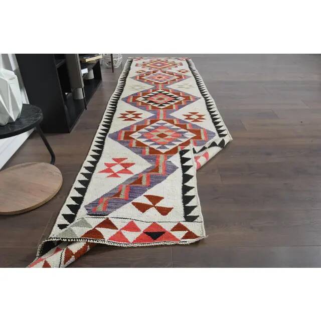 1970s Turkish Oushak Handmade Wool Cotton Beige Runner Rug 89x344