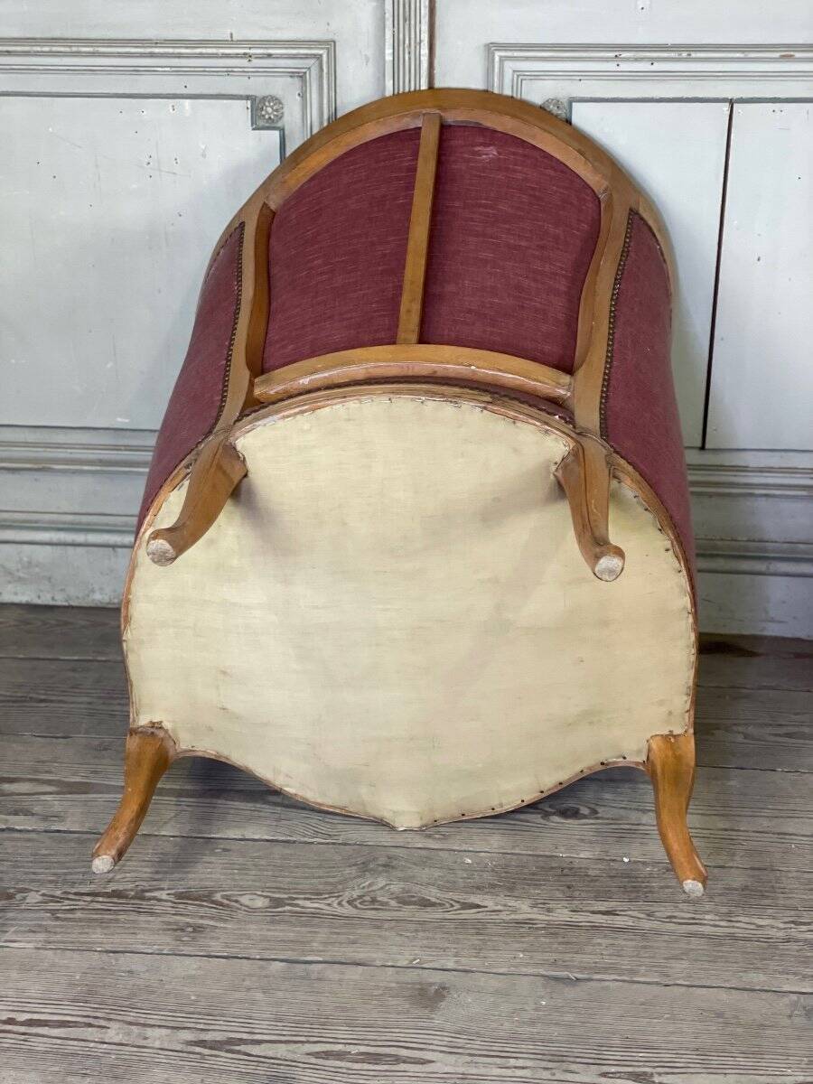 Pair of Louis XV style bergère armchairs in carved wood, pink velvet, circa 1900