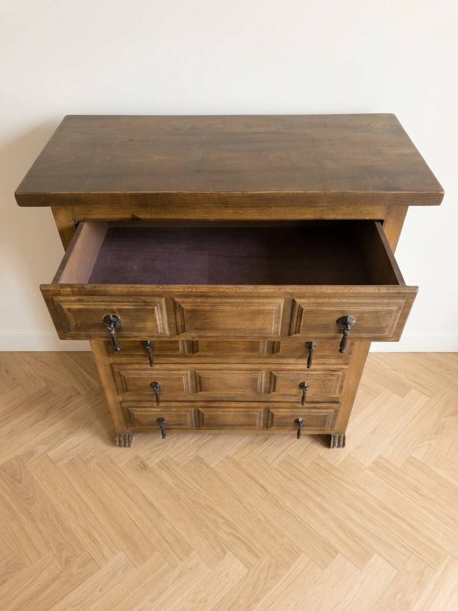 Antique solid wood chest of drawers with five drawers.