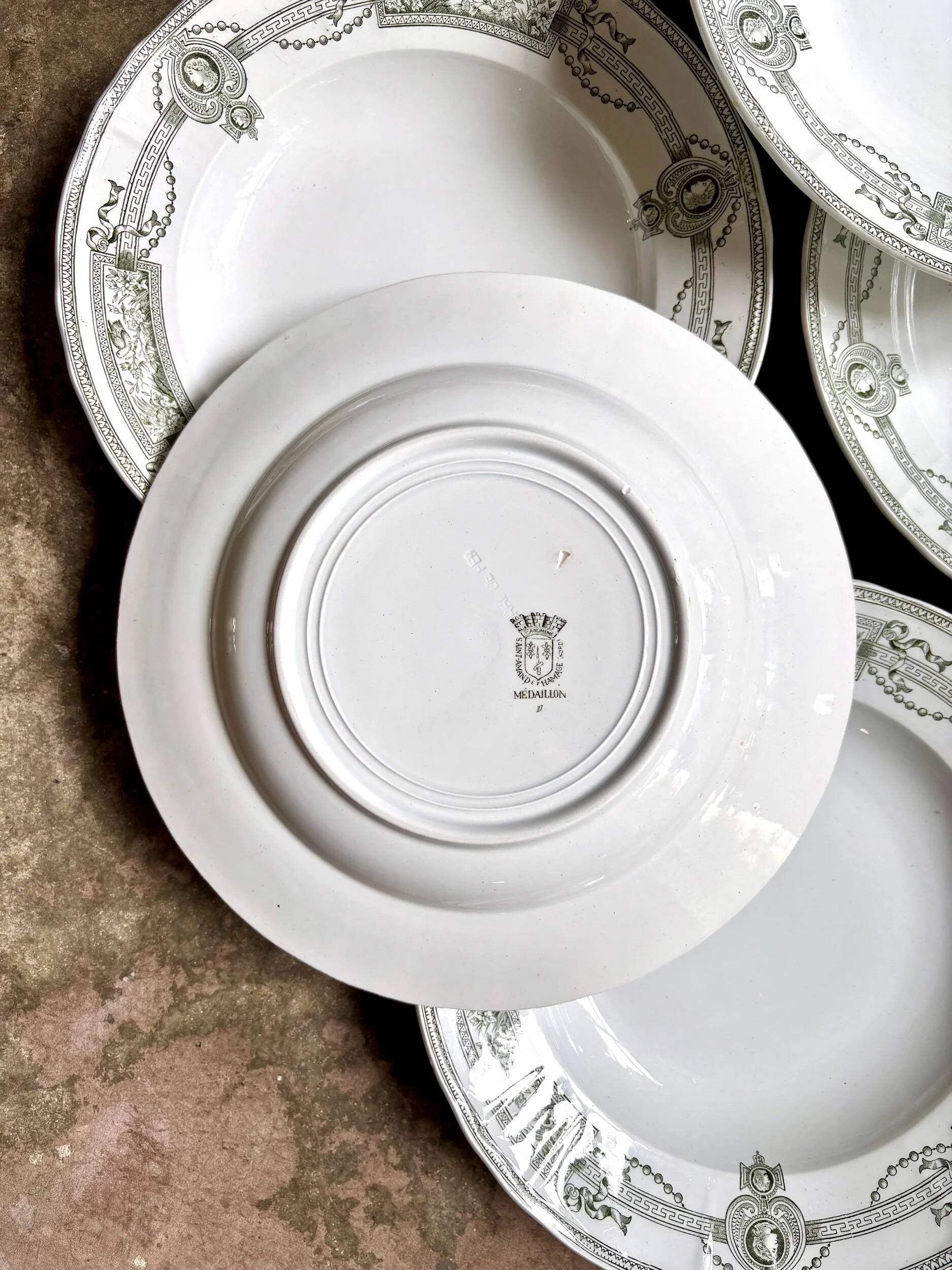 6 assiettes creuses en terre de fer St Amand et Hamage, service "Médaillon"