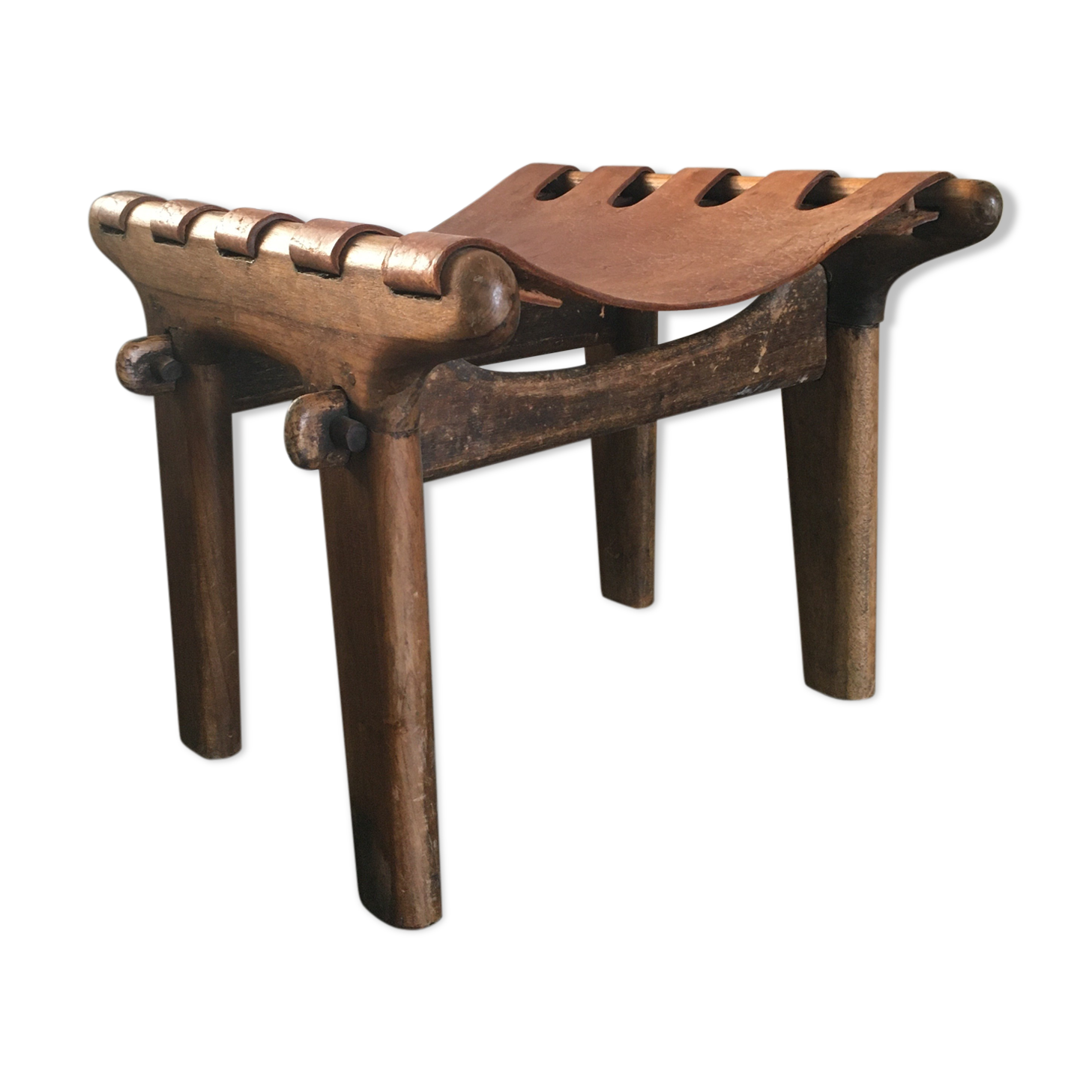 Vintage rustic ecuadorian leather sling footstool by Angel I. Pazmino, 1960s