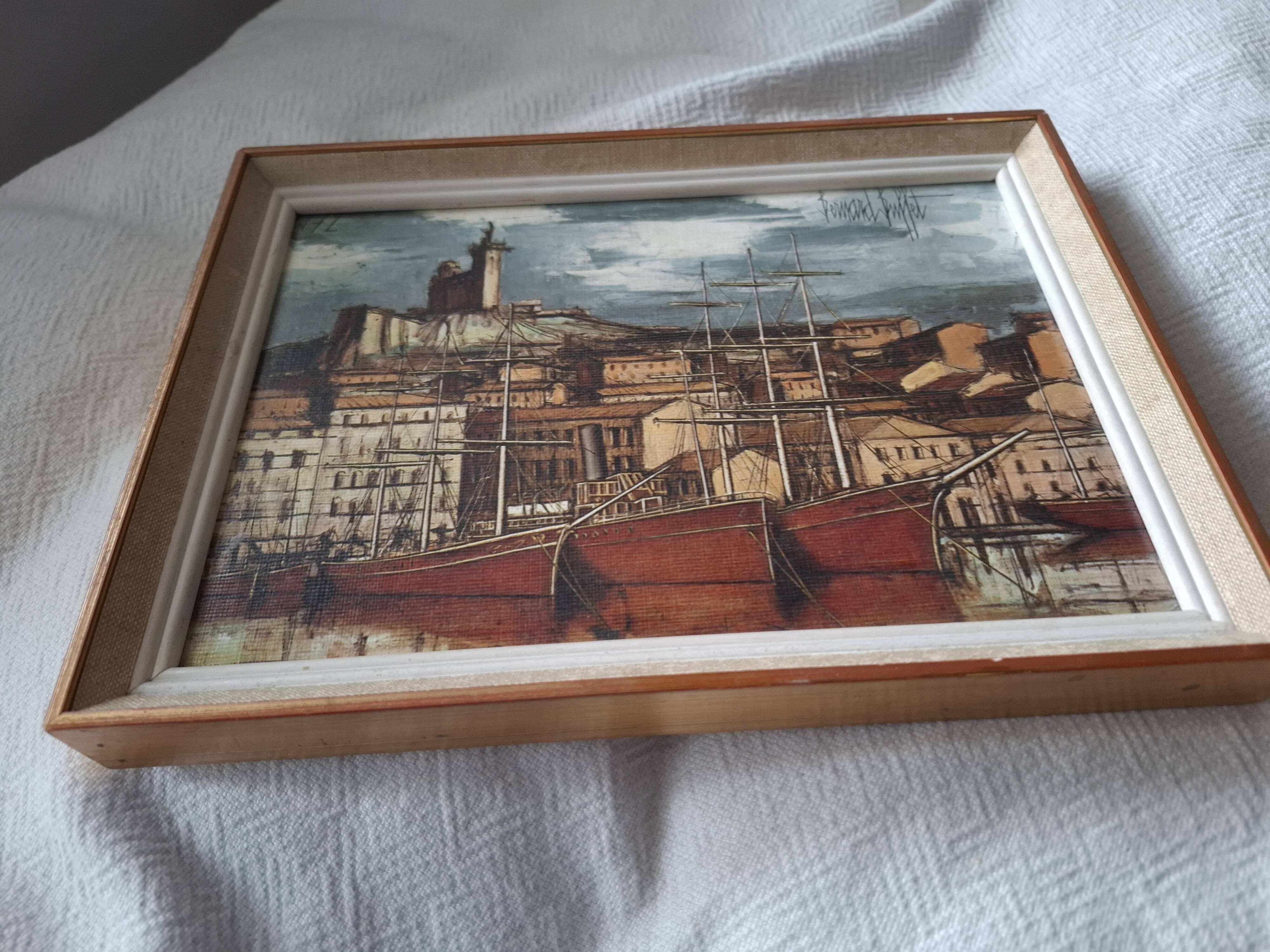 Tableau bernard buffet , marseille , bateaux dans le vieux port , edition braun