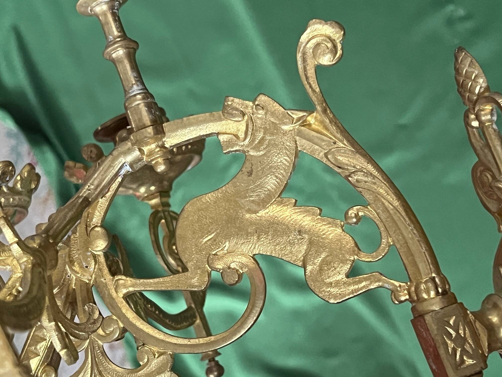 Pair of neo-Gothic wall sconces. Solid gilt bronze.