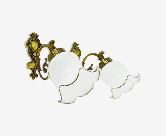 Paire d'appliques murales col de cygne en laiton verre tulipe ancienne blanche, année 60 70