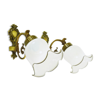 Pair of brass swan collar wall light old white tulip glass, 60 70 years