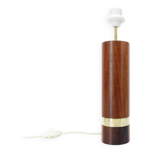 Pied de lampe scandinave en bois exotique et laiton, circa 1970