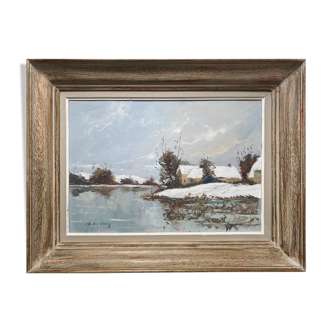 HSP painting "Landscape village winter pond" signed Charles Cuzin (1907 / 1975)