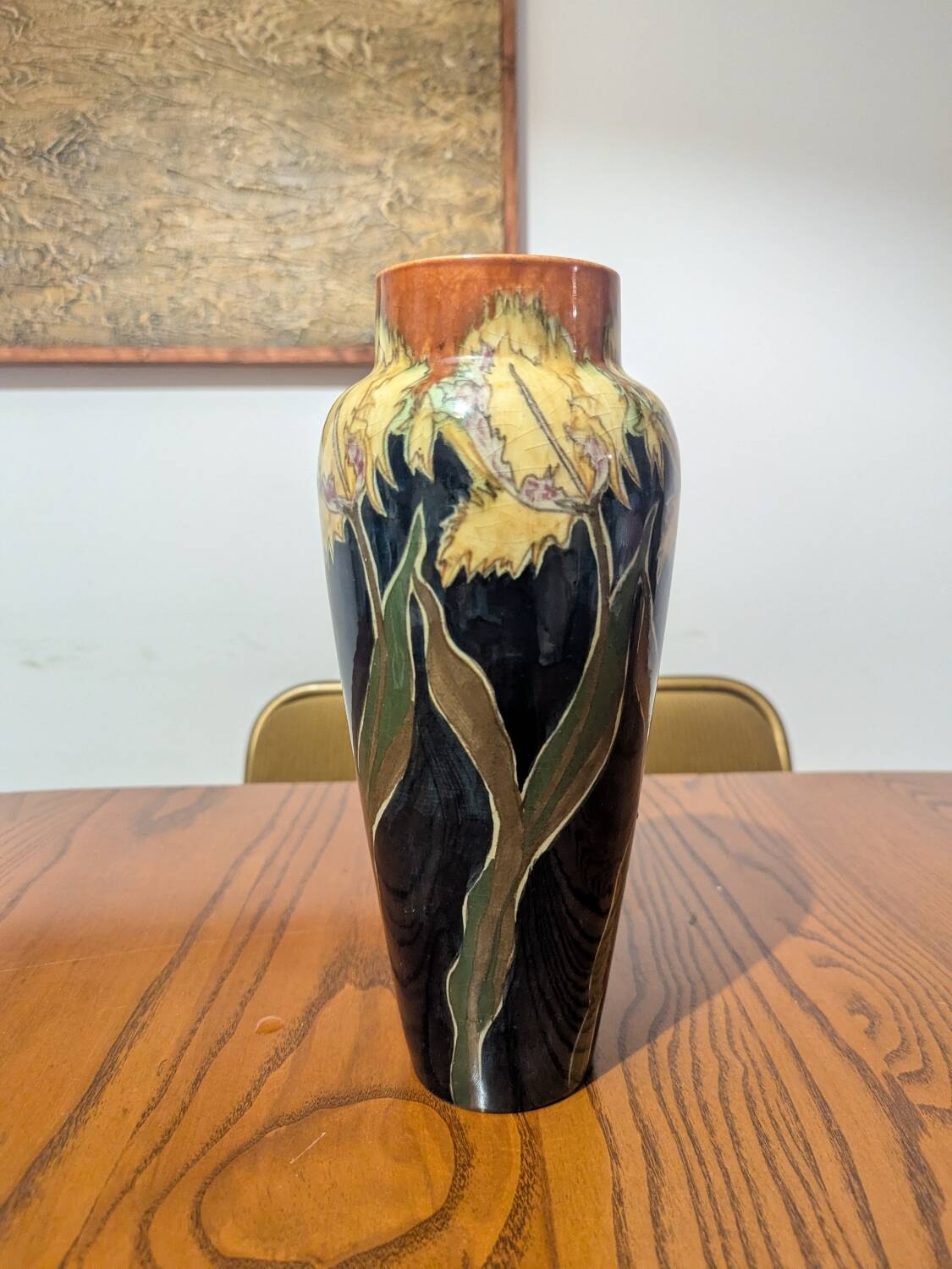 Art Nouveau vase in glazed ceramic, floral decoration, Gouda type, circa