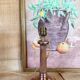 Copper lamp, fabric cable, sewn lampshade and leather.