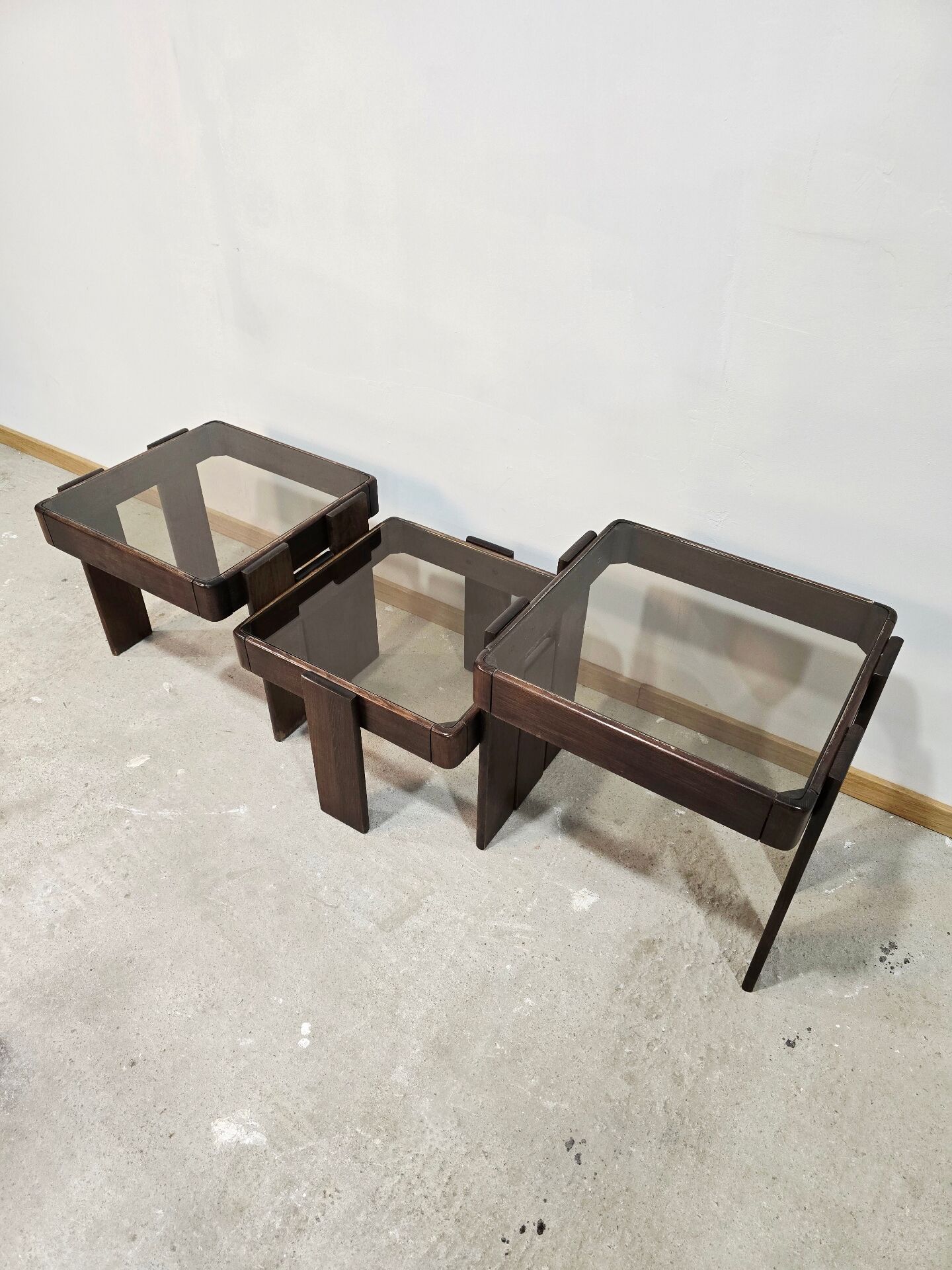 1970s Meblo Frattini Nesting Tables with Smoked Glass