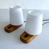 Paire de lampes scandinaves vintage, bois et verre
