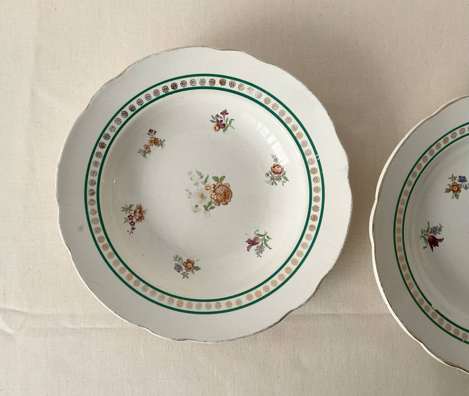 Pair of deep plates Sarreguemines — antique earthenware, floral decoration