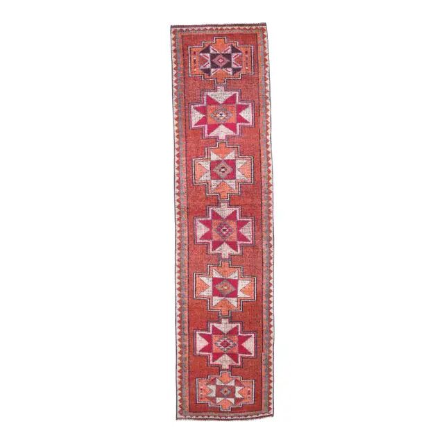 Vintage Turkish Oushak Handmade Wool Cotton Red Runner 87x336