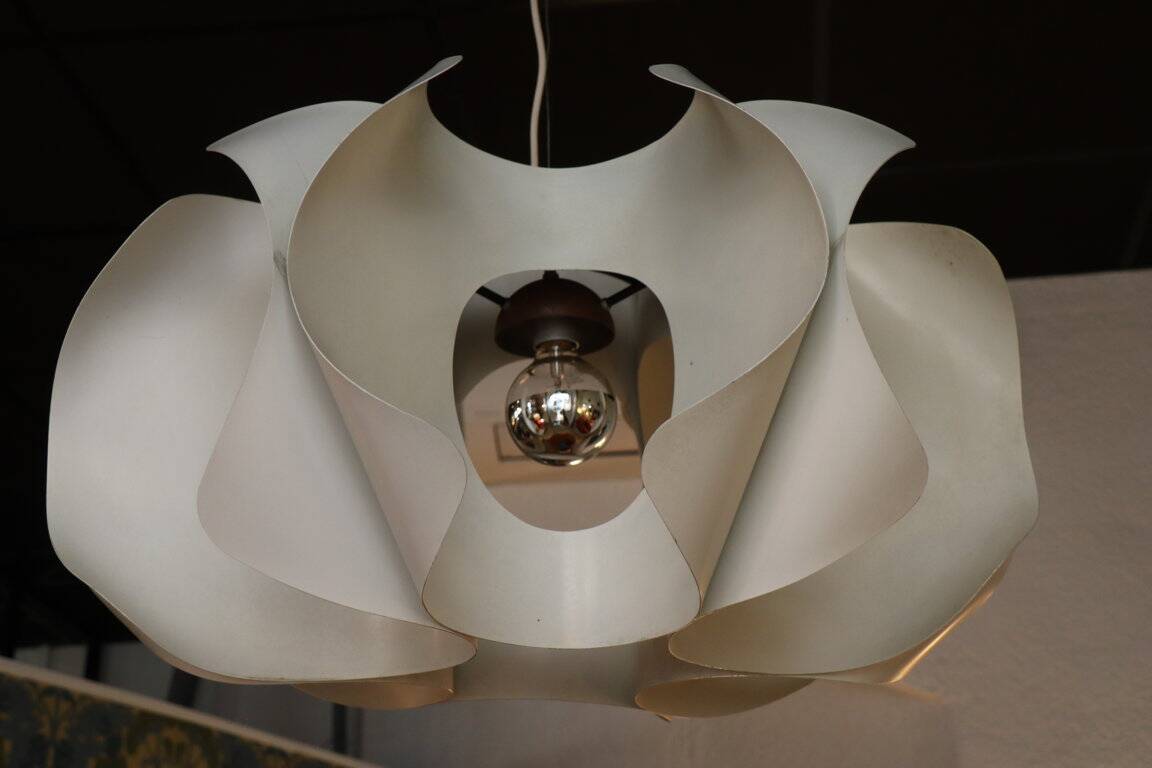 Space Age pendant lamp by Jean D'Imbleval in white lacquered aluminum, 1970