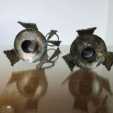 Pair of "brutalist" candlesticks in forged and hammered raw steel 70s