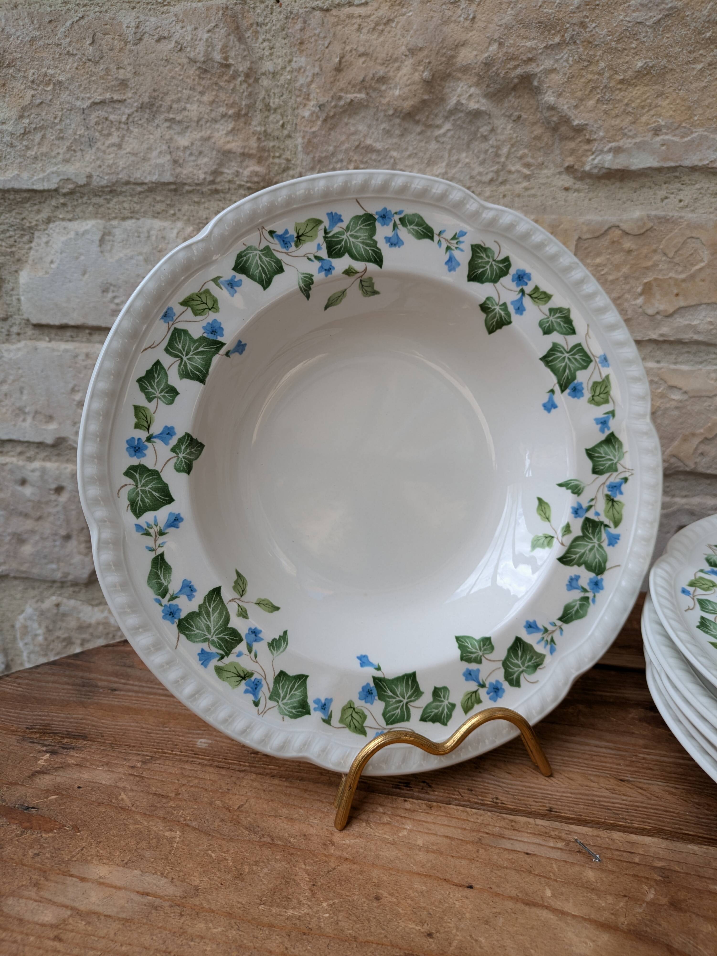 Johnson Brothers Set of 6 Ivy Leaf and Flower Blue Dinner Plates