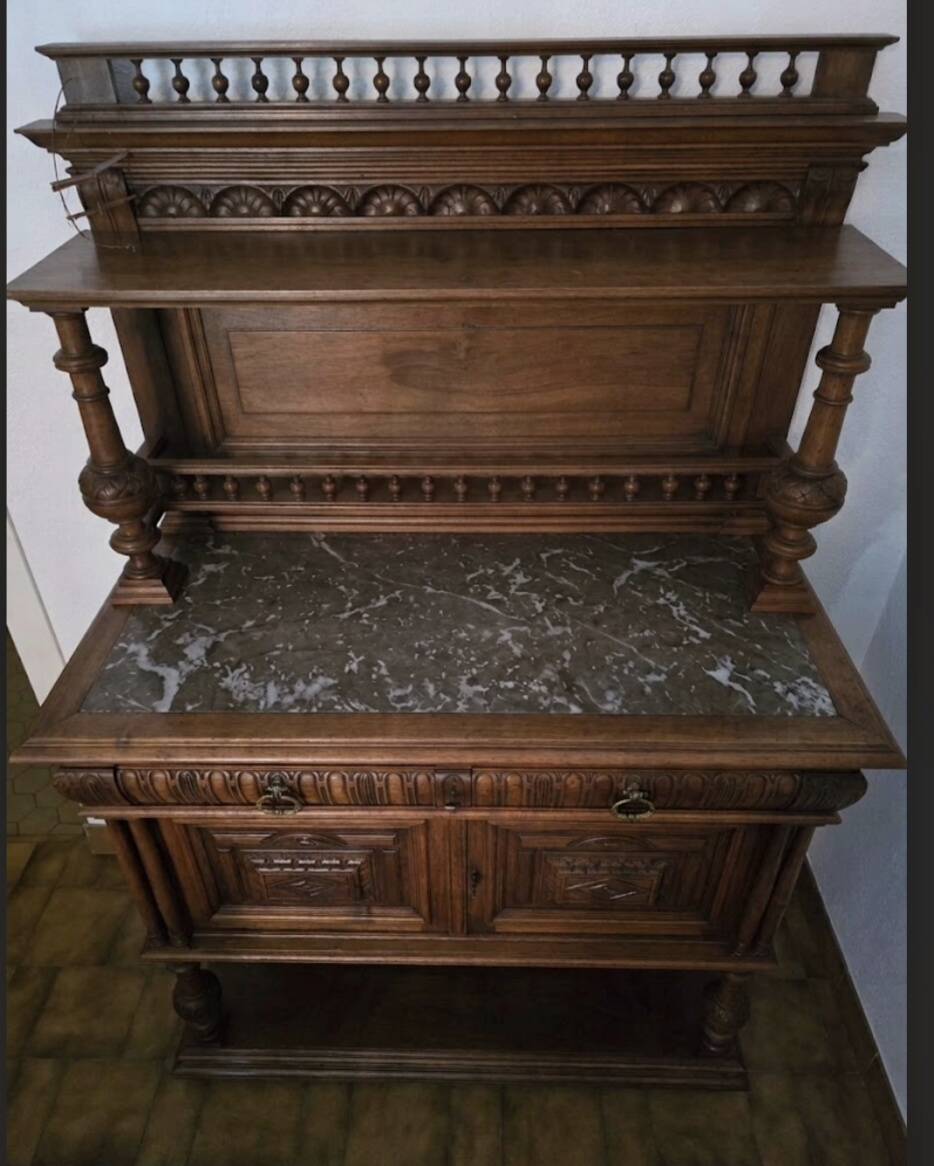 Magnificent buffet/cabinet in Henri II style made of solid walnut and marble.