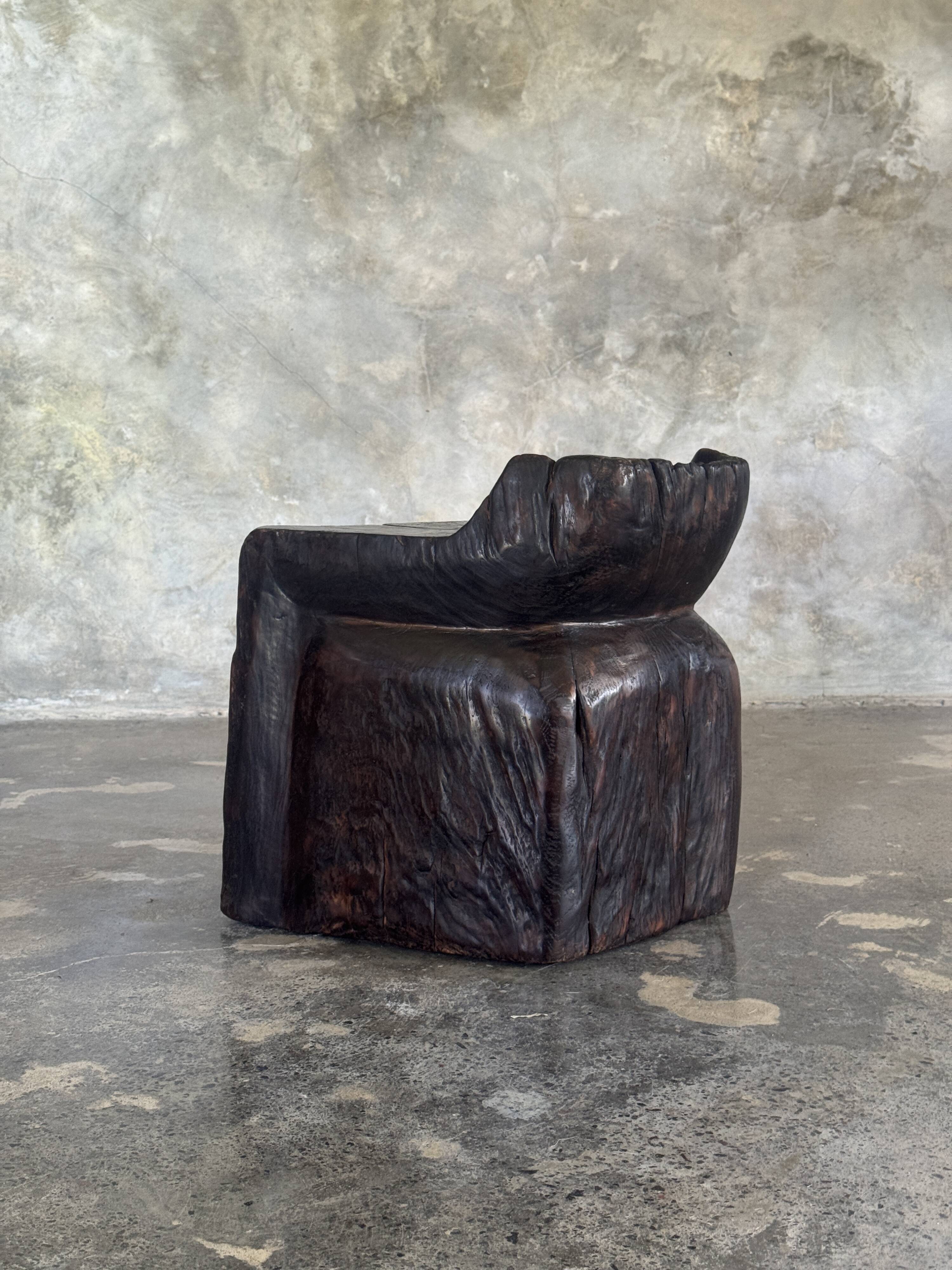 Stool, tabouret or low Japanese-style armchair in brutalist monoxyle radica.