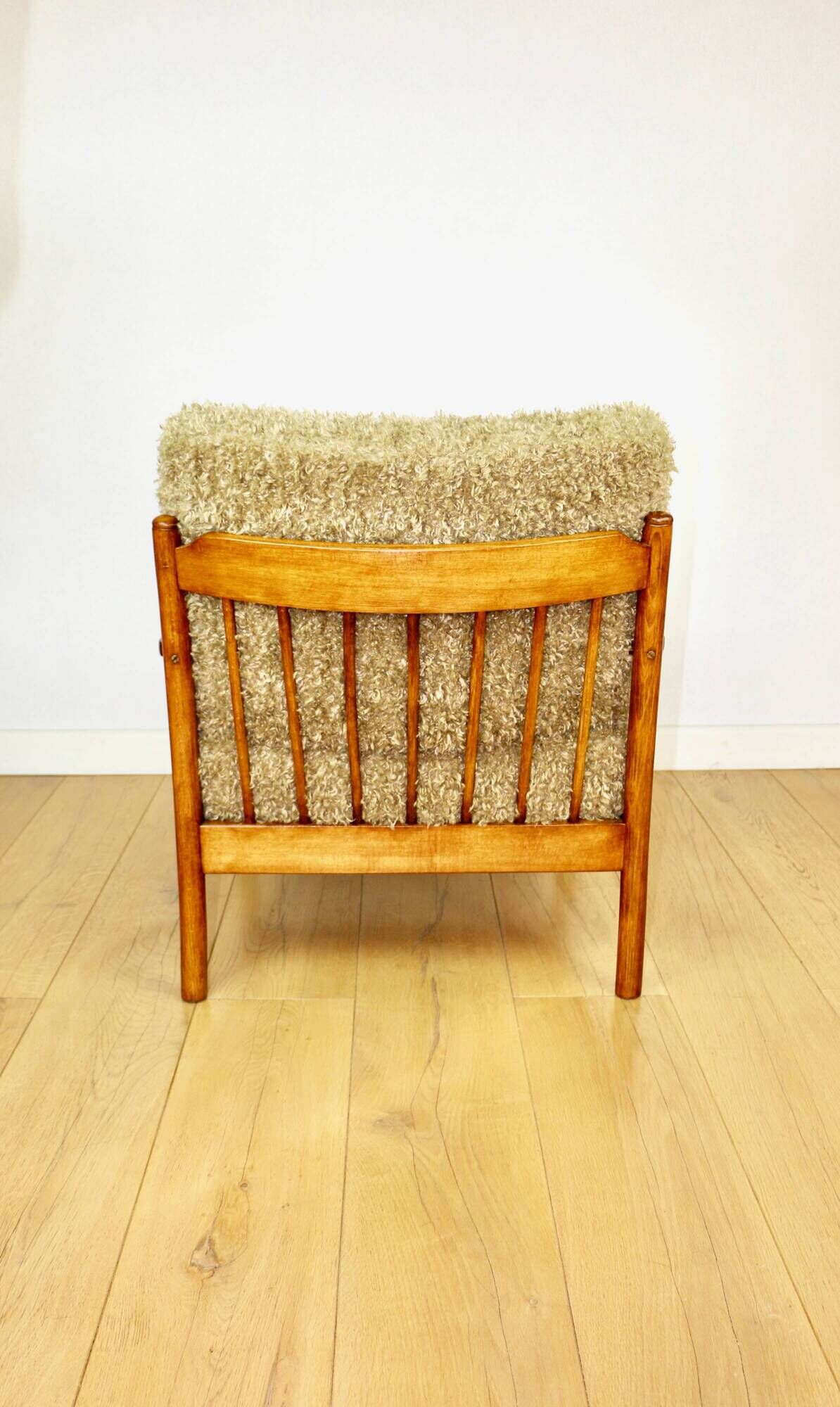 Wooden vintage brown armchair, olive green, long pile on removable cushions