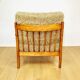Wooden vintage brown armchair, olive green, long pile on removable cushions