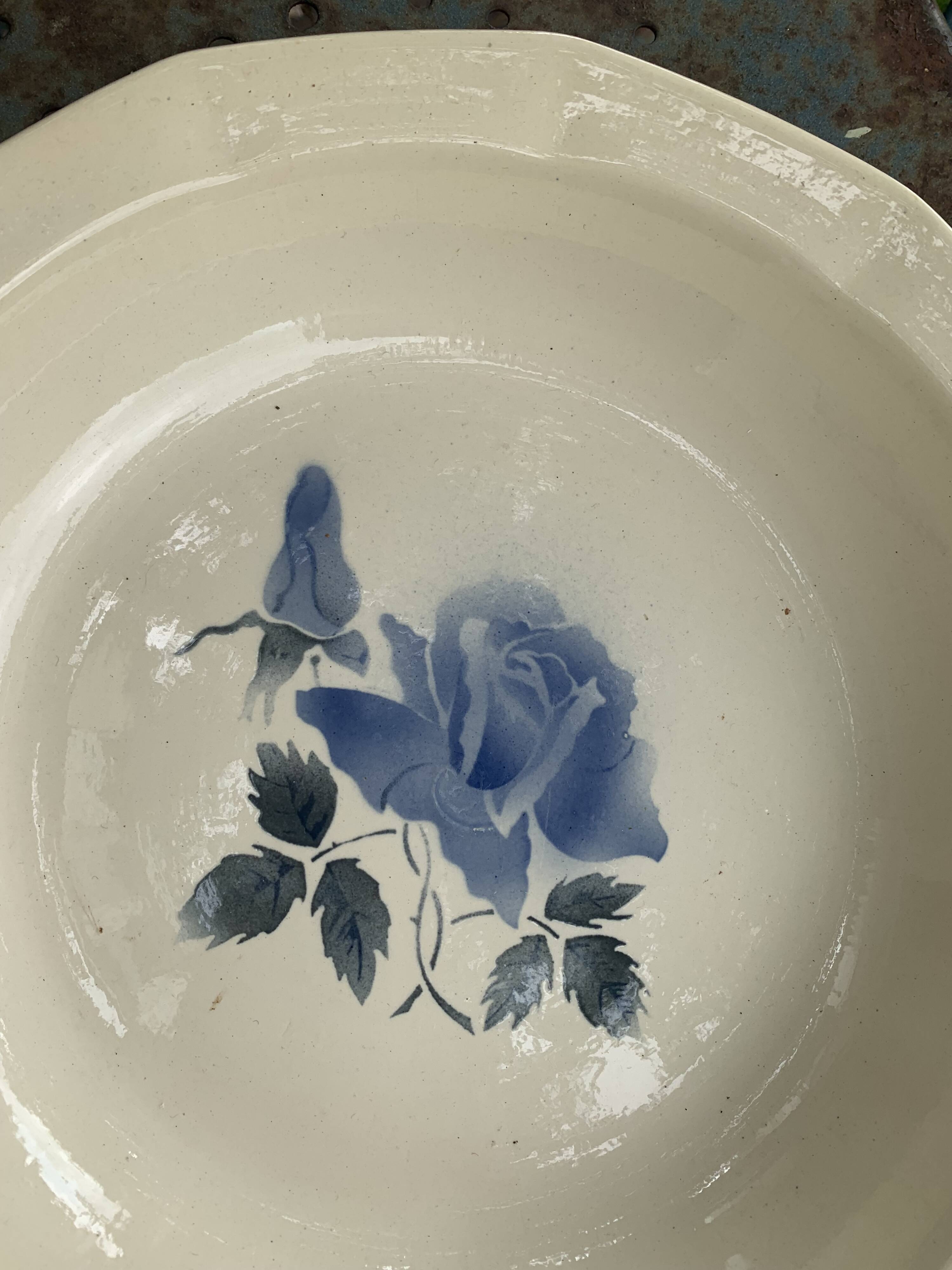 Hollow dish with blue rose motif, octagonal, vintage Digoin