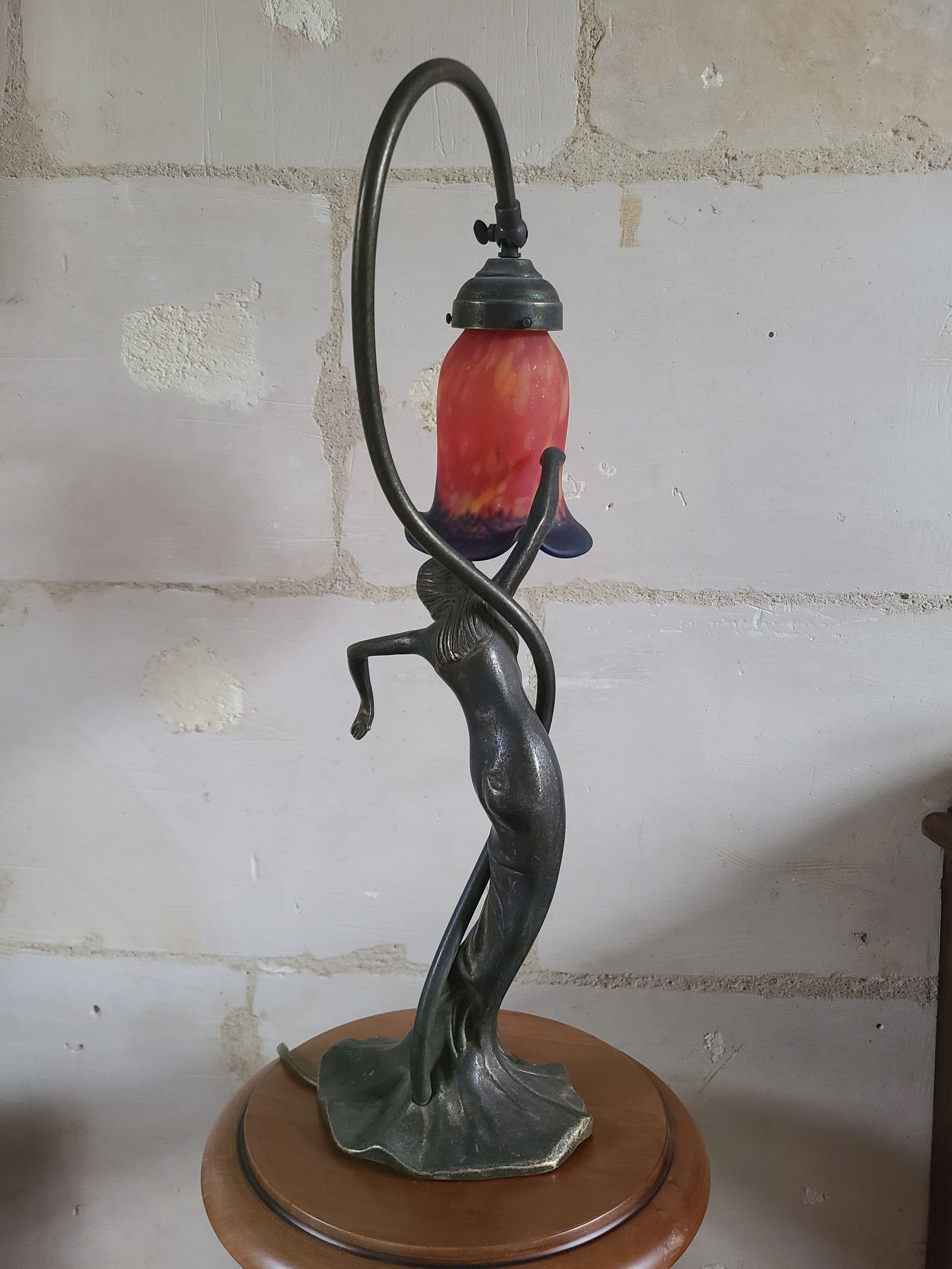 Art nouveau bronze lamp and glass paste