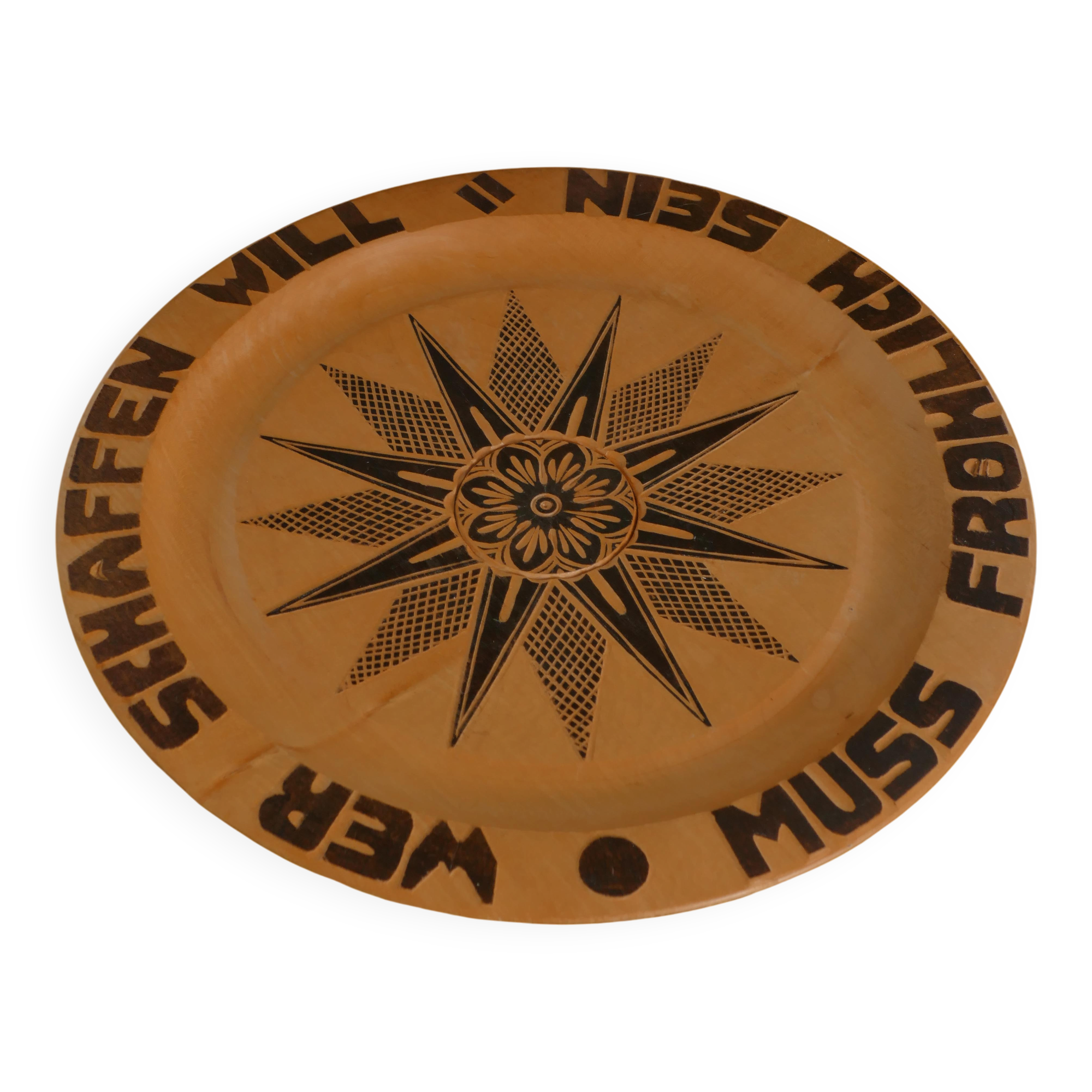 Decorative Hand-carved Wooden Plate with Pyrography, Germany 1960s