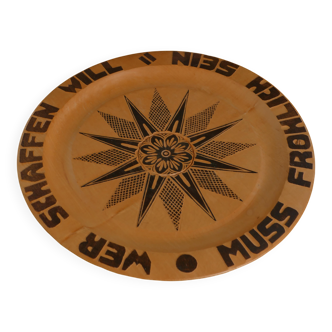 Decorative Hand-carved Wooden Plate with Pyrography, Germany 1960s