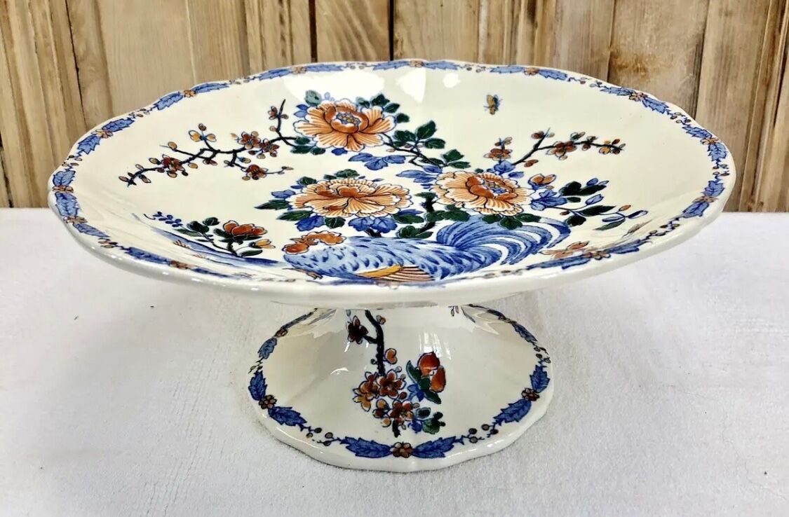 Compotier fruit cutters on pedestal Gien rooster and peonies 1938 1960