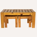 Scandinavian slatted pine coffee nesting table bench with stools or side tables, 1970s