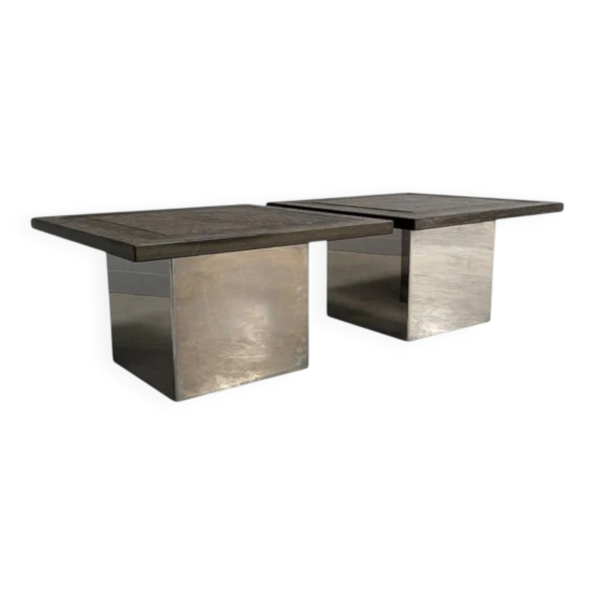 Set Peter Draenert stainless steel and stone coffee tables, 1970s
