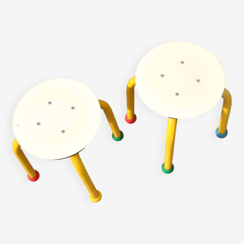 Set of 2 vintage children's stools in playful tubular metal produced by MMO Paris in 1999