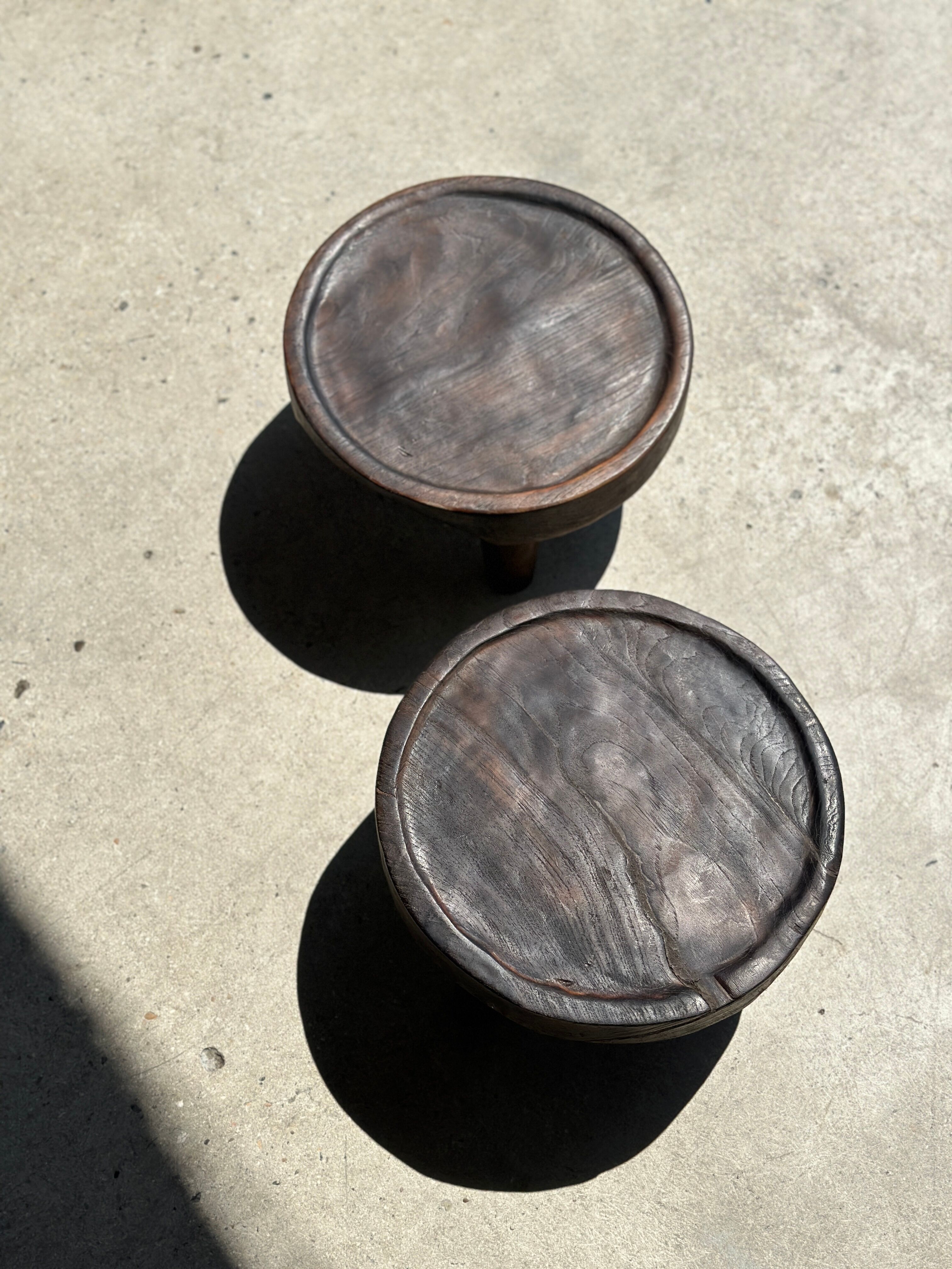 Small tripod stool low in dark brown upcycled teak