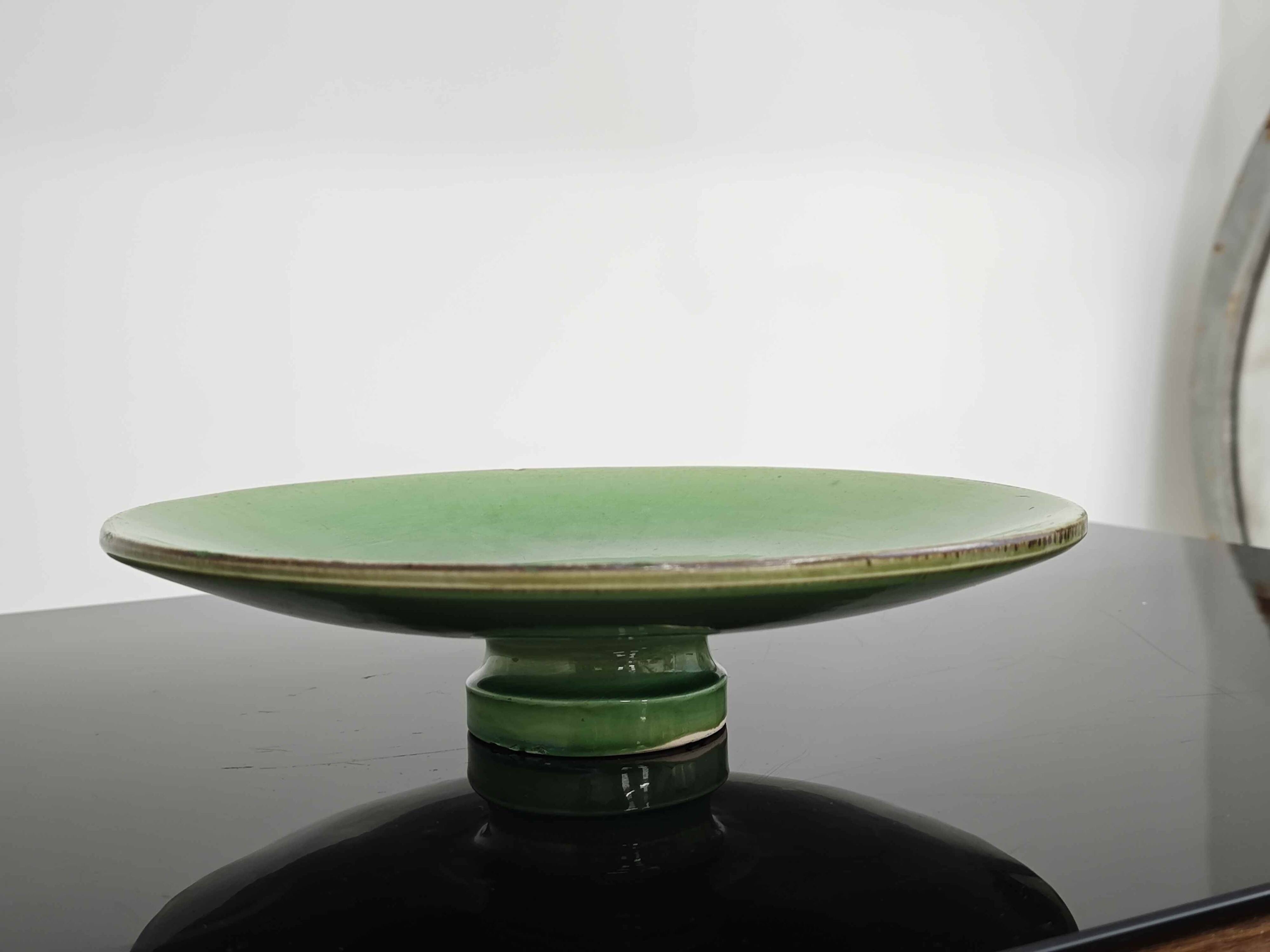 Vintage 50s-60s dish in green enamelled terracotta