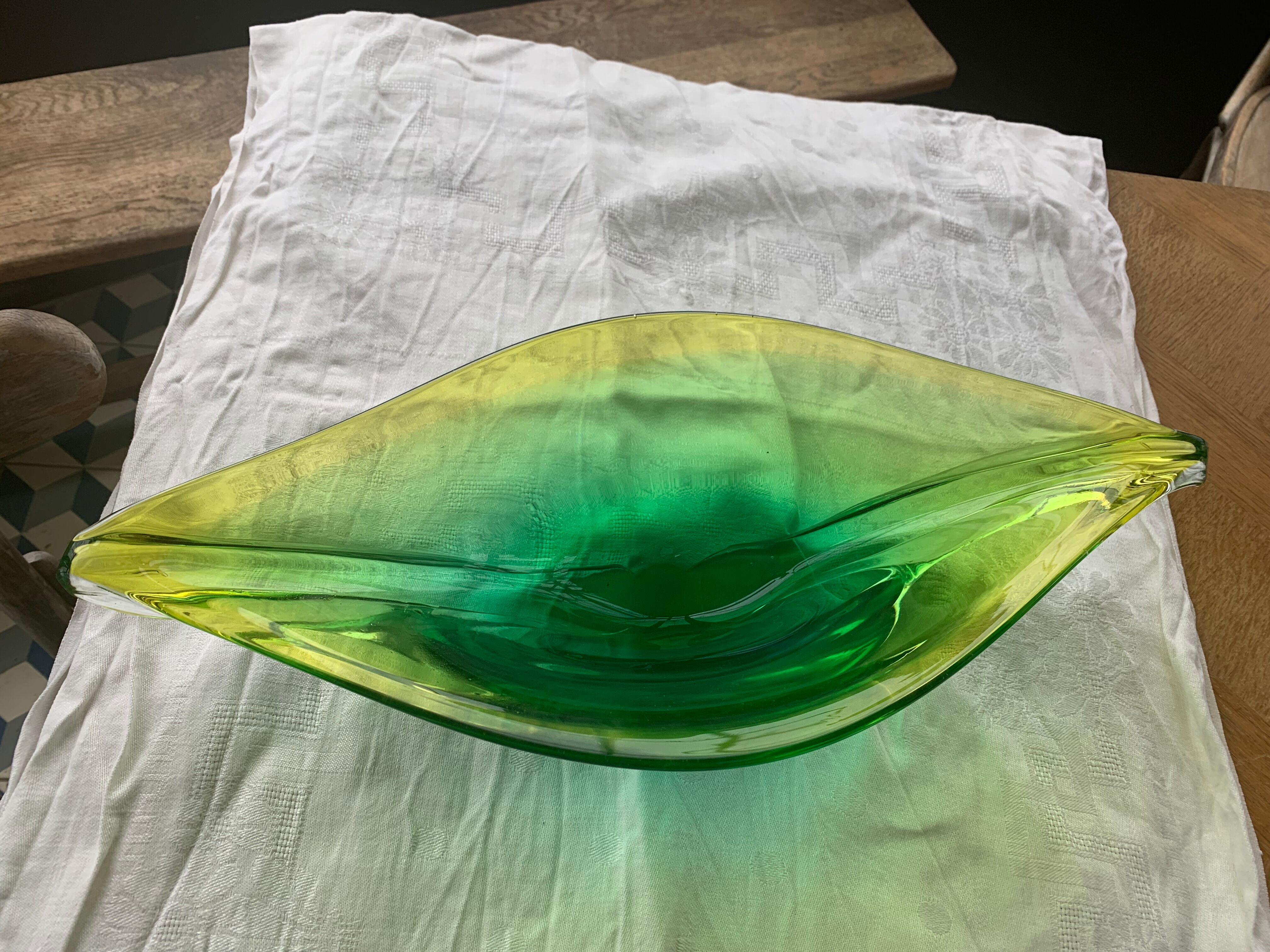 Glass fruit cup in the shape of a vintage yellow green vegetable leaf