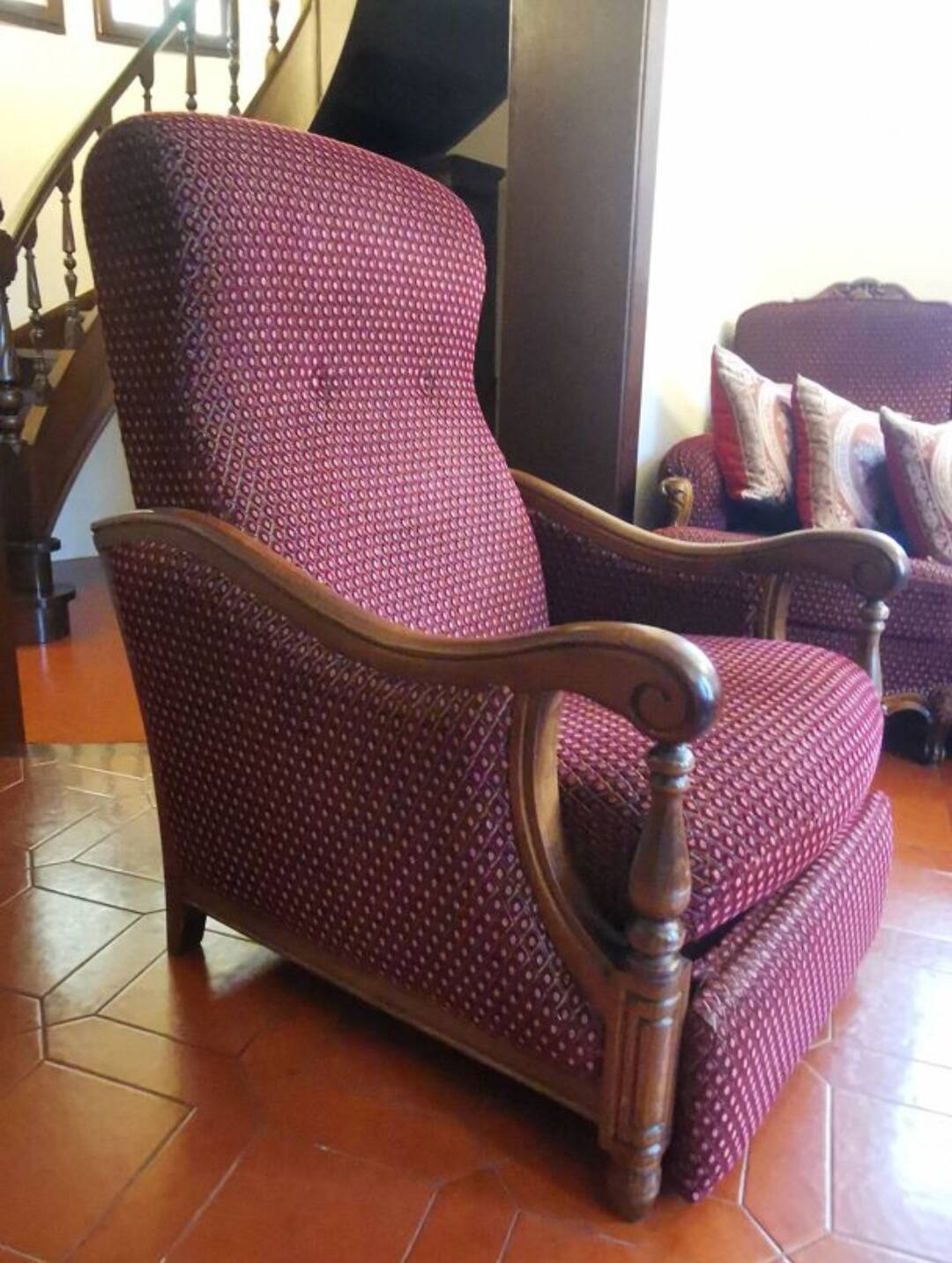 Louis XV style velvet and cherry wood reclining armchair