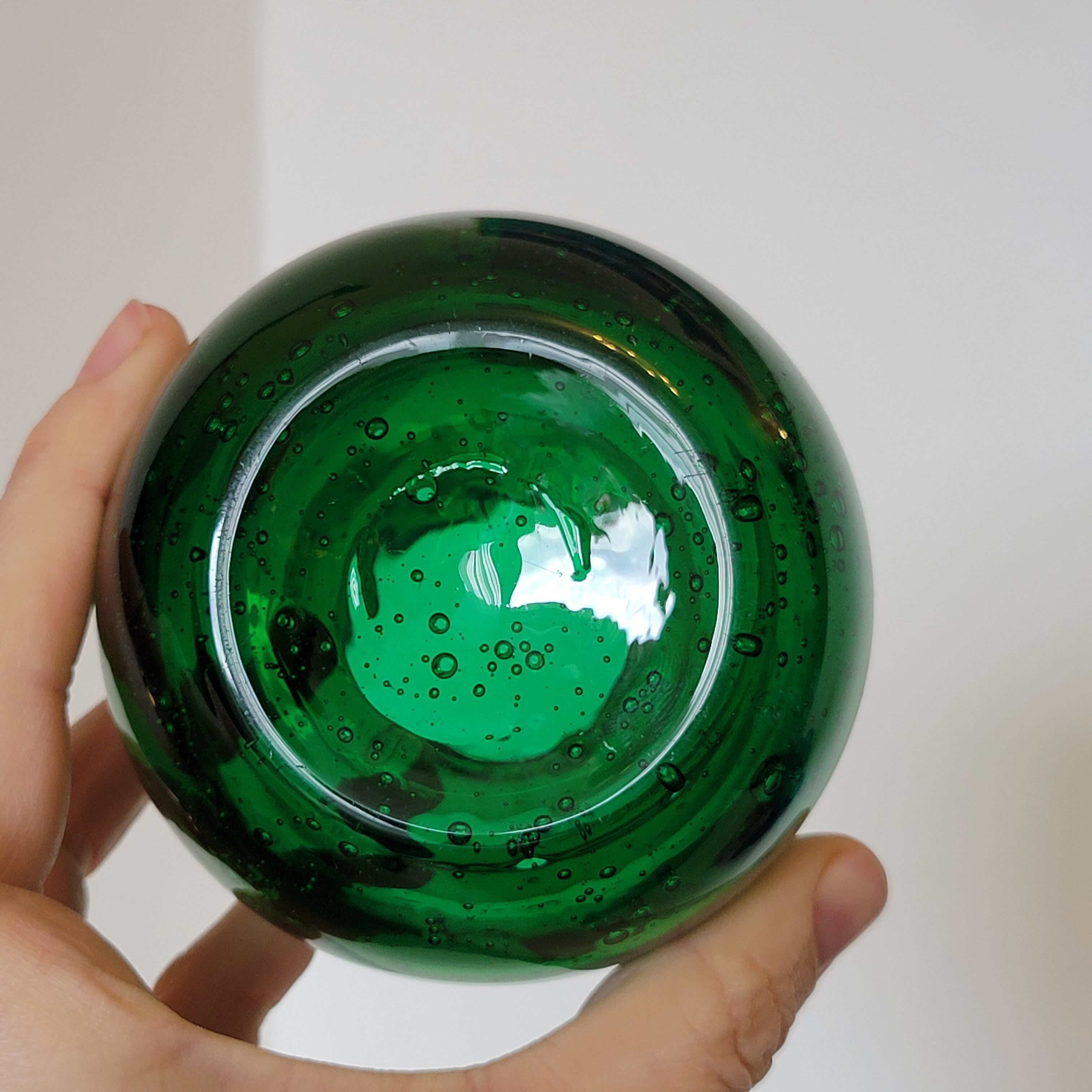 Small green bubbled blown glass vase