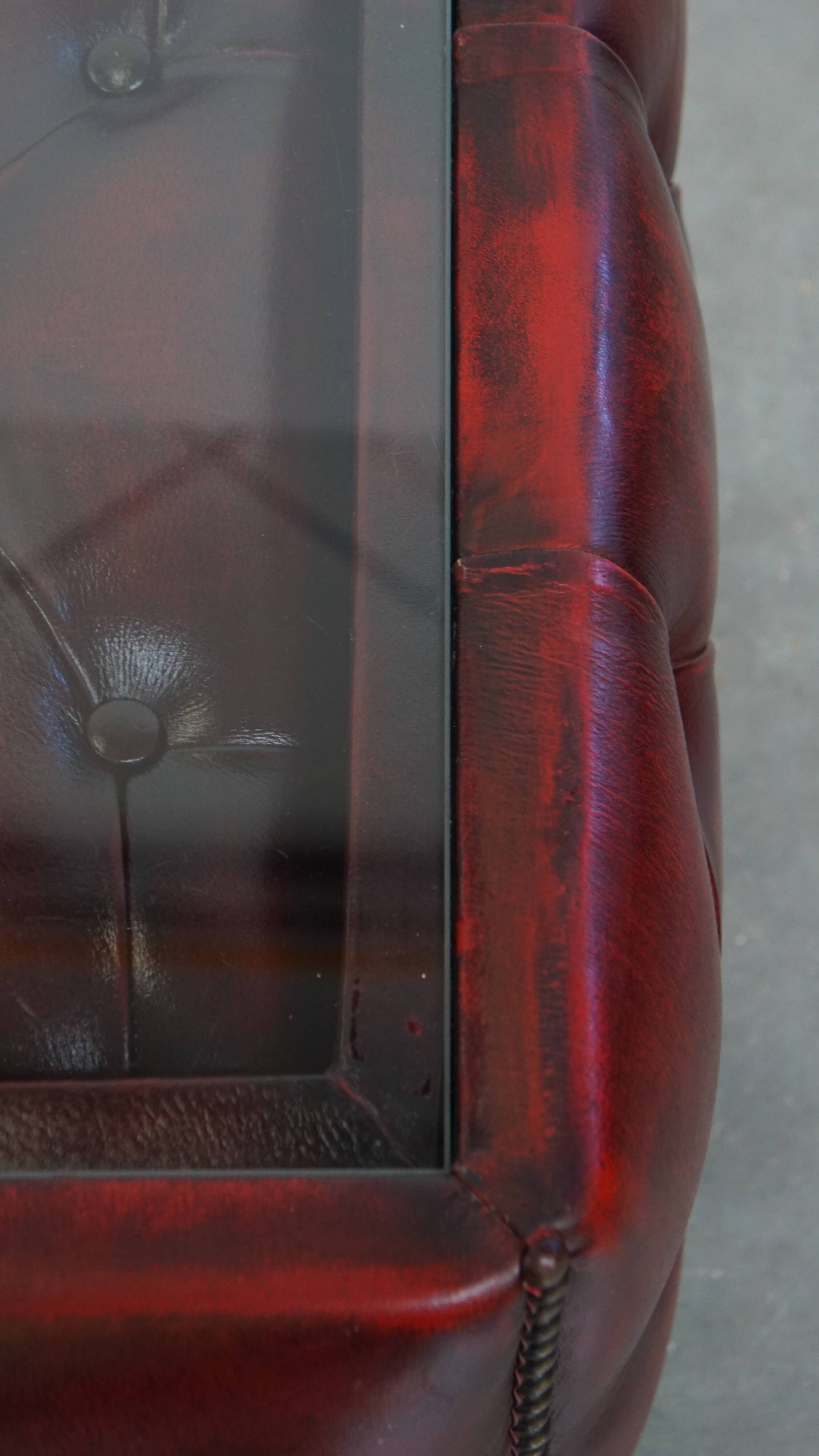 Red Cowhide Leather Chesterfield Side Table with Glass Top