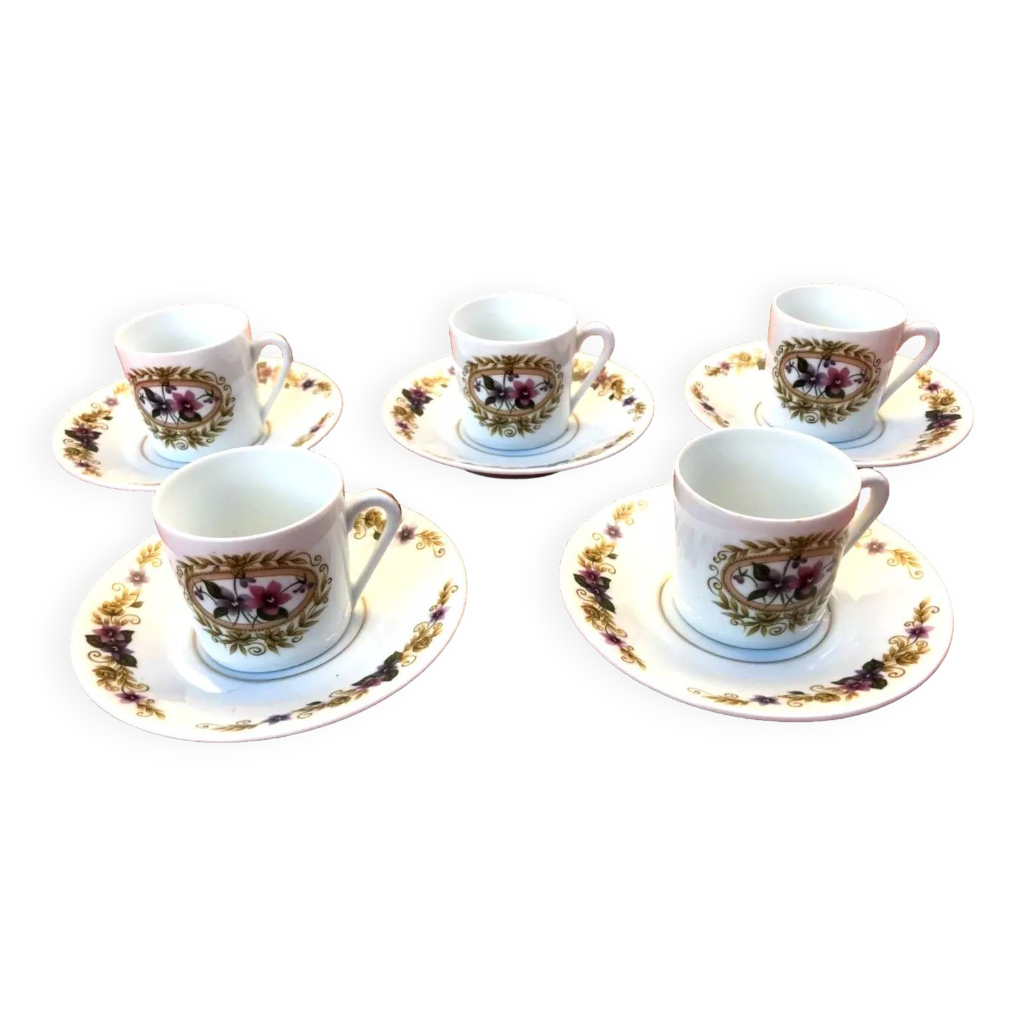 5 Limoges Porcelain Coffee Cups / Saucers BM French Porcelain
