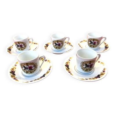 5 Tasses soucoupes à café Limoges Porcelaine BM Porcelaine Française